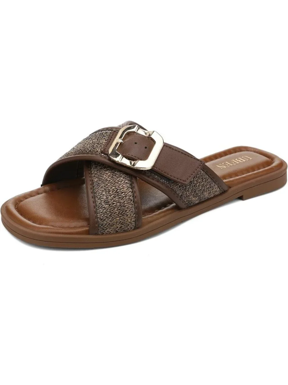 Women's Dark Brown Square Toe Flat Sandals Slides Dressy Comfortable for Beach